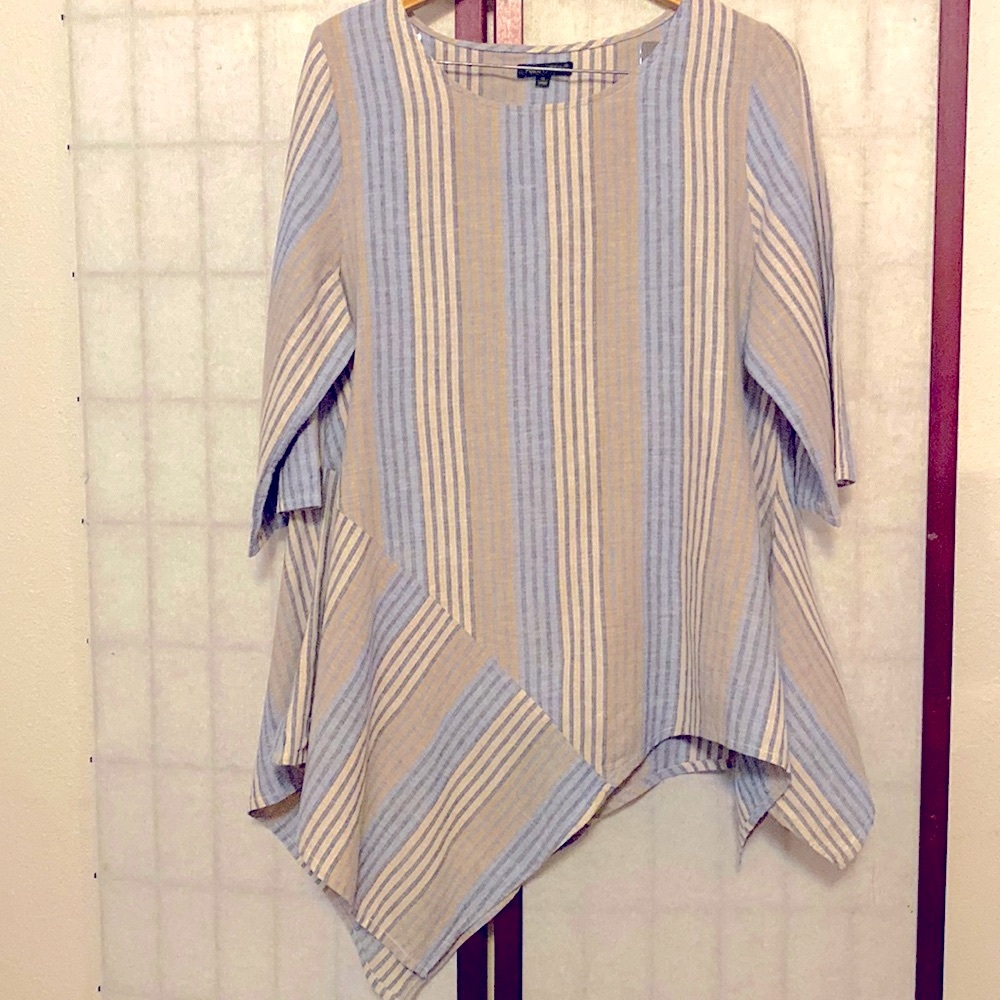 Striped for Cynthia brand linen blend tunic. beach style asymmetrical blouse, M.